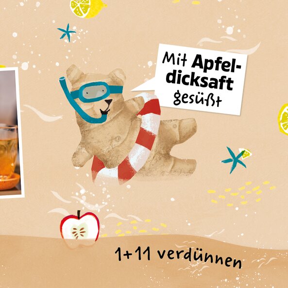 Illustration with ginger figure, text “sweetened with apple syrup” and “dilute 1+11”