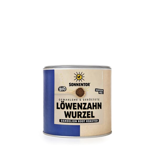 Dandelion root coffee 220g in a blue and beige catering tin.